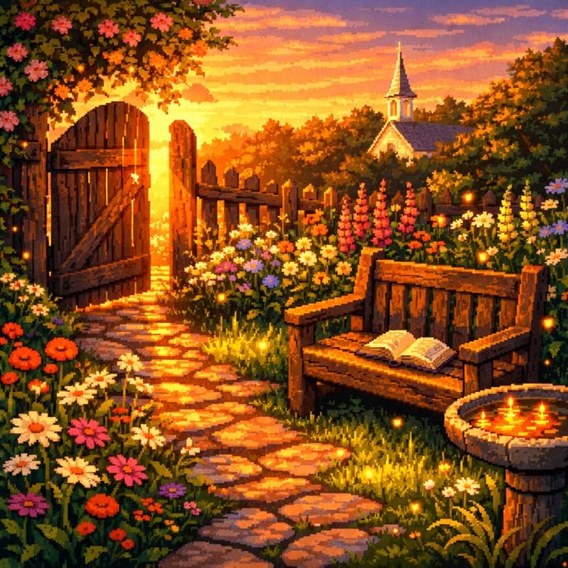 A Nemora weekly portrait: a sunlit garden gate and bench by a country chapel at golden hour.